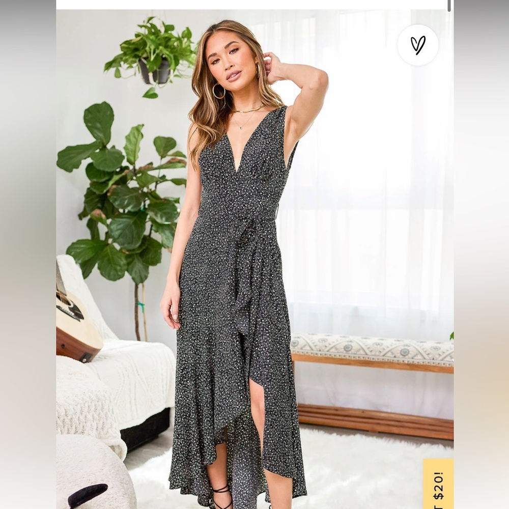 Lulus Black Floral Print Ruffled Midi Dress